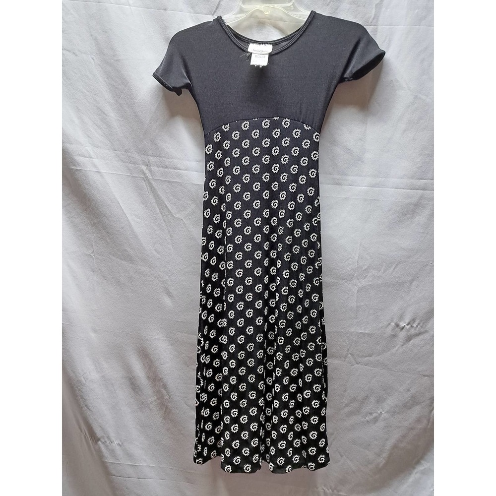 Vtg NY Bonnie Jean Black Maxi White Floral Dress 8 Made in USA
